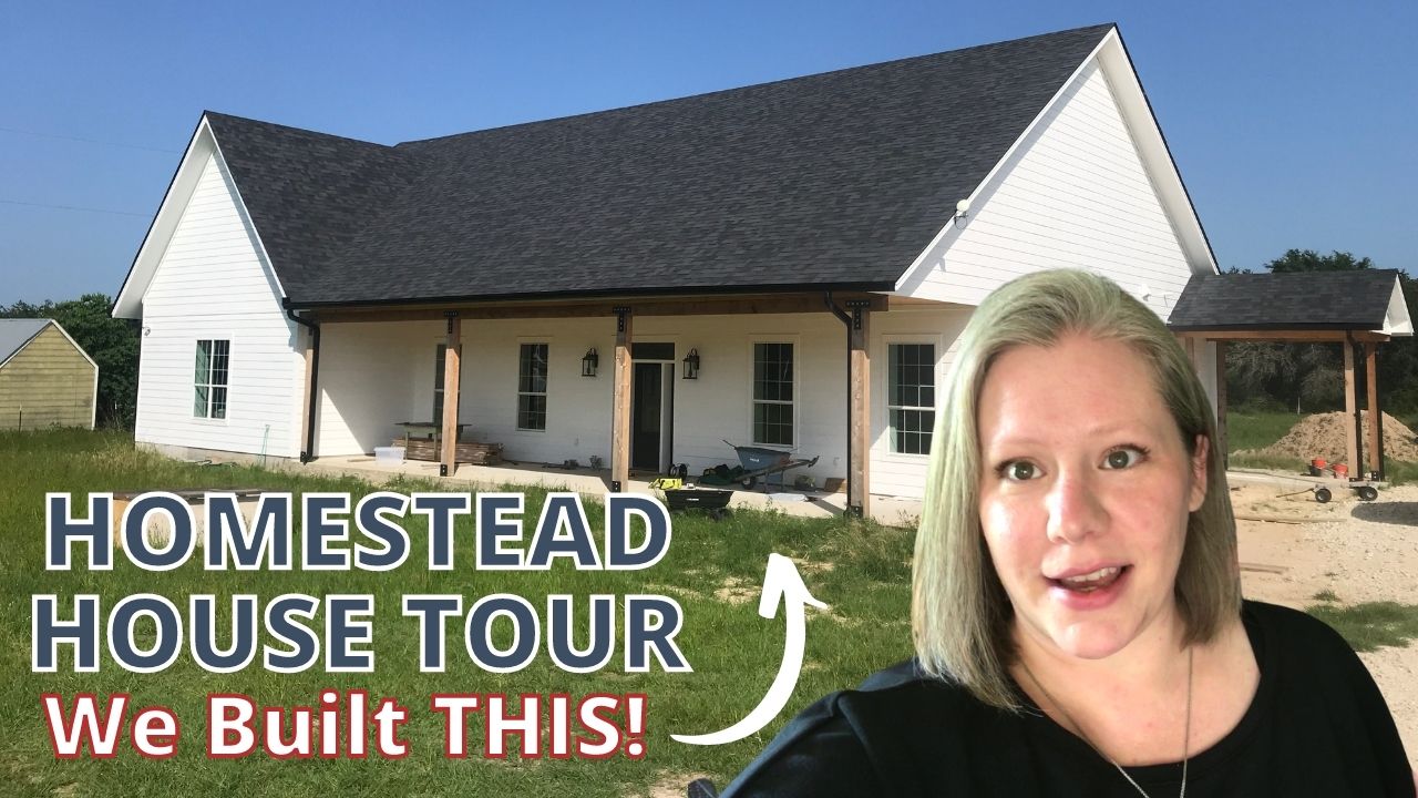 Image: Woman in front of large white house with black roof, text: Homestead House Tour We Built THIS!