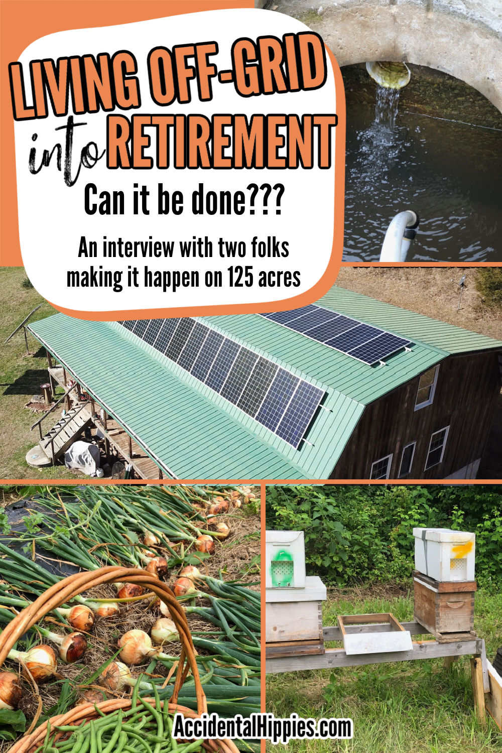 Text: Living Off-Grid Into Retirement - Can it be done??? An interview with two folks making it happen on 125 acres Image: collage showing water entering a cister, solar panels on a green metal roof, vegetables in a garden, and beehives