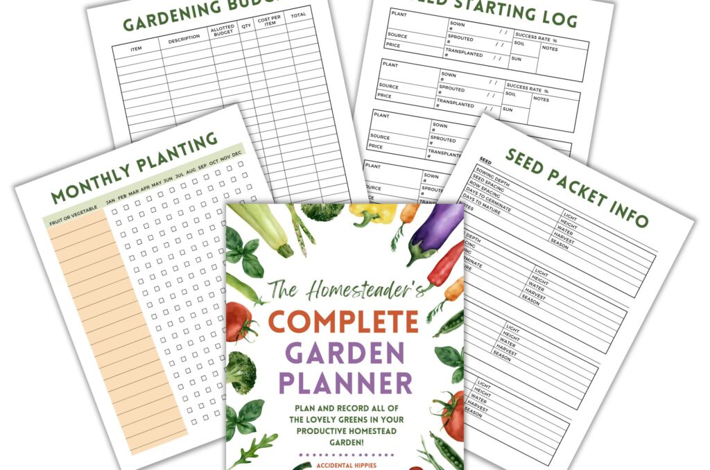 page mockup showing The Homesteader's Complete Garden Planner with sample pages