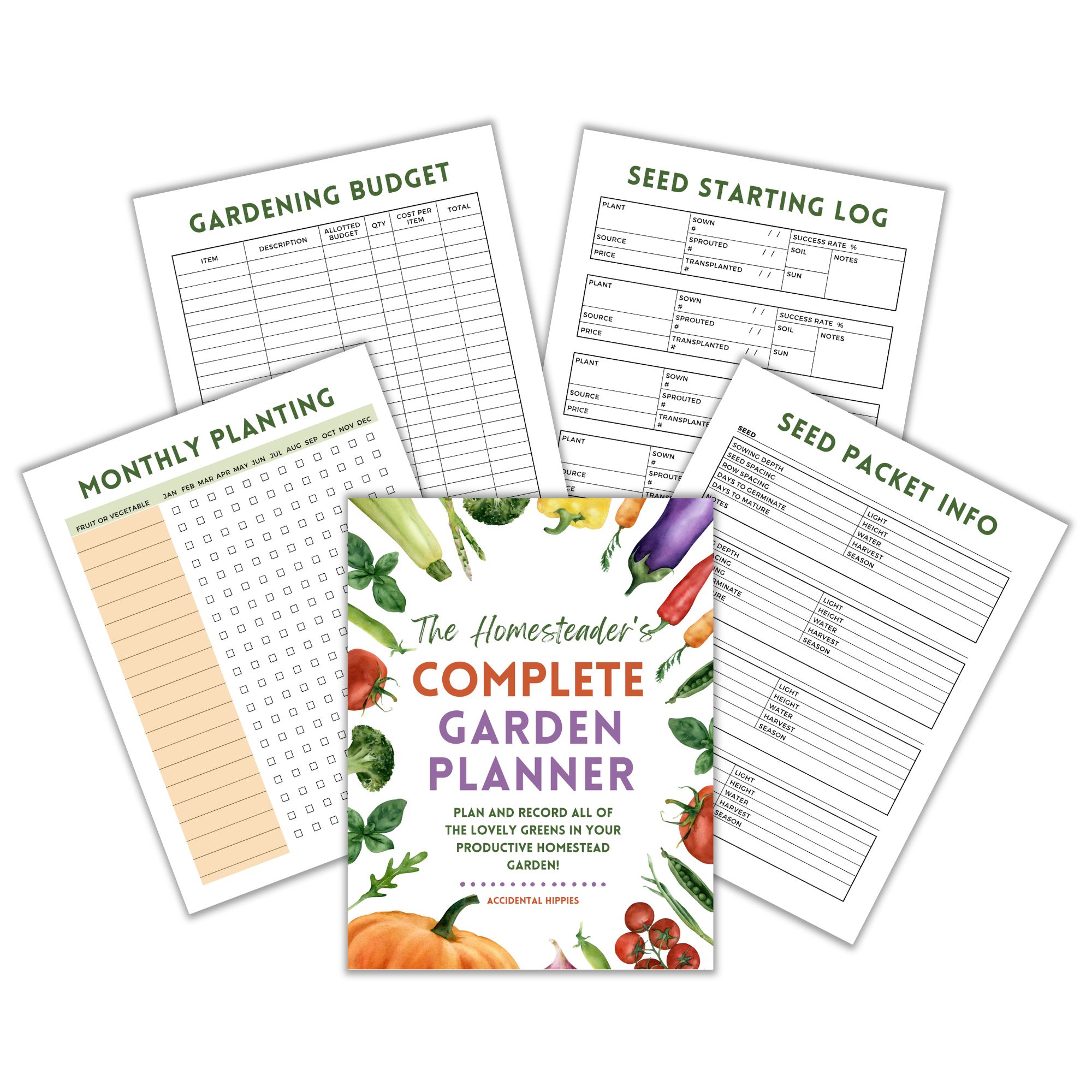 page mockup showing The Homesteader's Complete Garden Planner with sample pages
