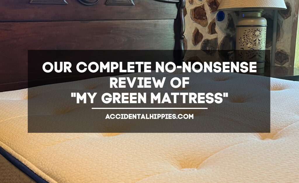 Image: mattress with button tufts, Text: Our Complete No-Nonsense Review of "My Green Mattress" - AccidentalHippies.com