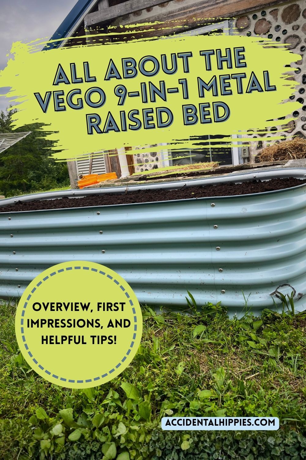 TEXT: All About the Vego 9-in-1 Metal Raised Bed, Overview, First Impressions, and Tips and Tricks - AccidentalHippies.com, IMAGE: Sky Blue Vego 17 inch raised bed in front of a cordwood shed with grass around it