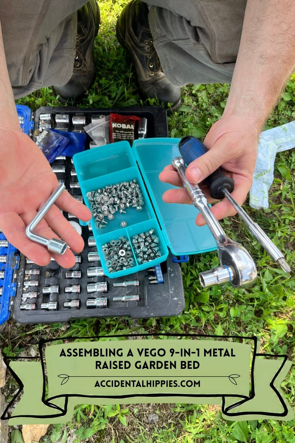 Hands holding sockets and a screwdriver over a bin containing nuts, bolts, and washers and a case full of sockets