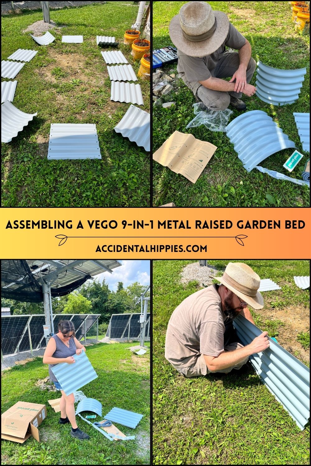 IMAGE: Collage image showing two people assembling a Vego metal raised bed in Sky Blue. Top left: all pieces laid out; top right: reading the instructions with pieces and tools nearby; bottom left: peeling the plastic layers off the metal sheets; bottom right: fixing two panels together; TEXT: Assembling a Vego 9-in-1 Metal Raised Garden Bed - AccidentalHippies