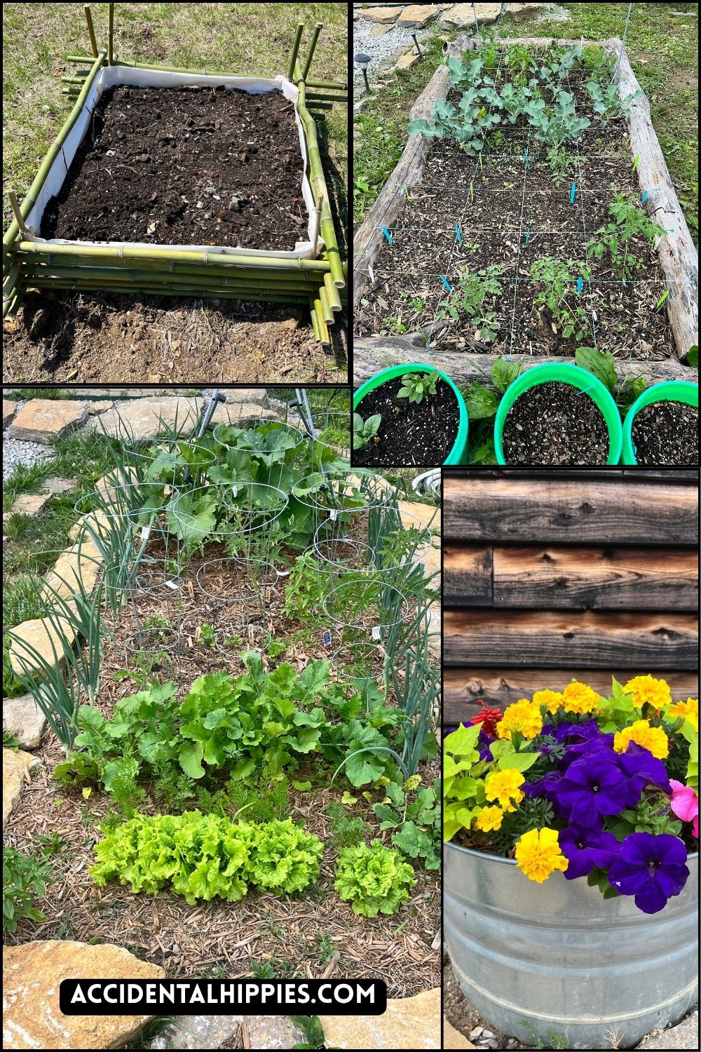 Raised beds and containers: top left made from bamboo; top right made from logs and green buckets; bottom left made from rocks; bottom right galvanized tub filled with flowers